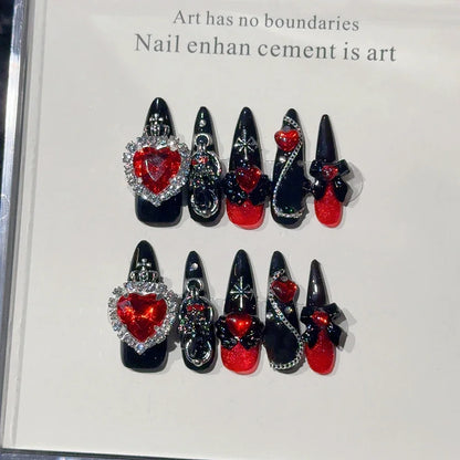 3D Handmade Long Coffin Stiletto Fake Nail Flowers Cat's Heart Diamond Metal Bow
