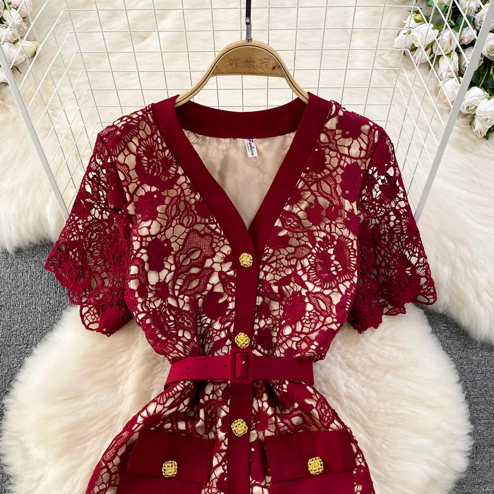 Floral Lace Dress V Neck High Waist Maxi Dresses