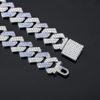 2PCS Hip Hop Cuban Blue White Chain Bracelet + Necklace Men/Women Gifts Every Day Wear Exquisite Punk Style Jewelry