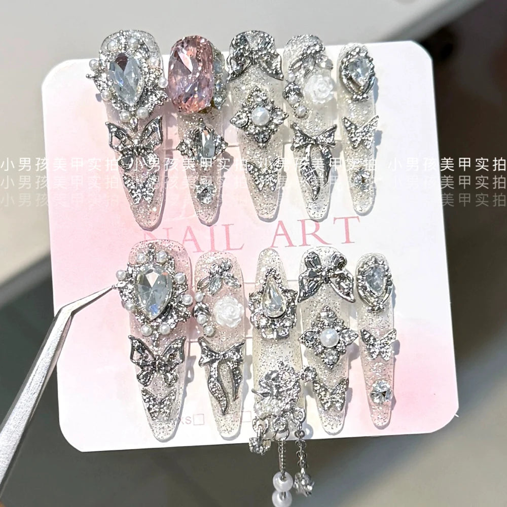 10Pcs Luxury Court Handmade Long Stiletto Full Cover Nails 3D Spice Girl Sparkling Diamond Bow Pearl Flowers Wearable Fake Nails