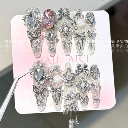 10Pcs Luxury Court Handmade Long Stiletto Full Cover Nails 3D Spice Girl Sparkling Diamond Bow Pearl Flowers Wearable Fake Nails