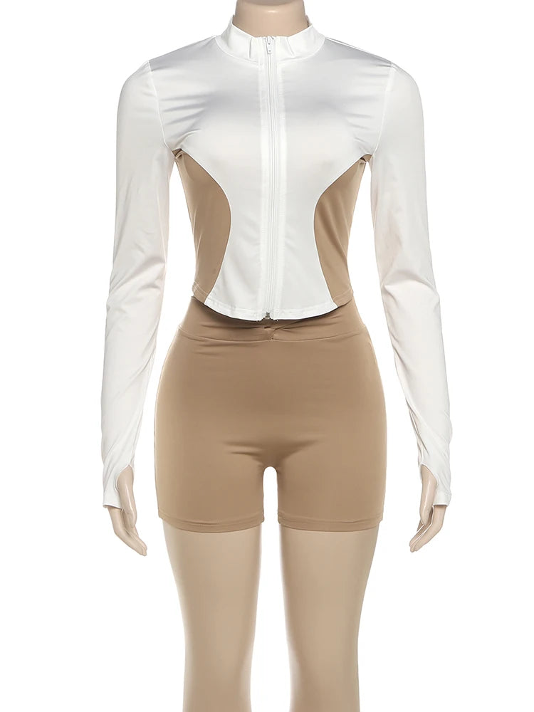 Daily Contrast Patchwork Full Sleeve Jacket+Shorts Simple Sporty Street Outfits