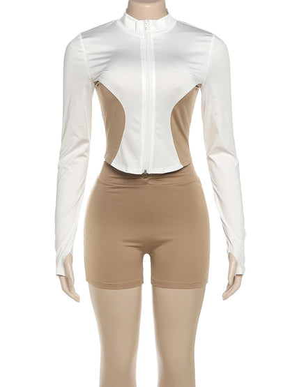 Daily Contrast Patchwork Full Sleeve Jacket+Shorts Simple Sporty Street Outfits