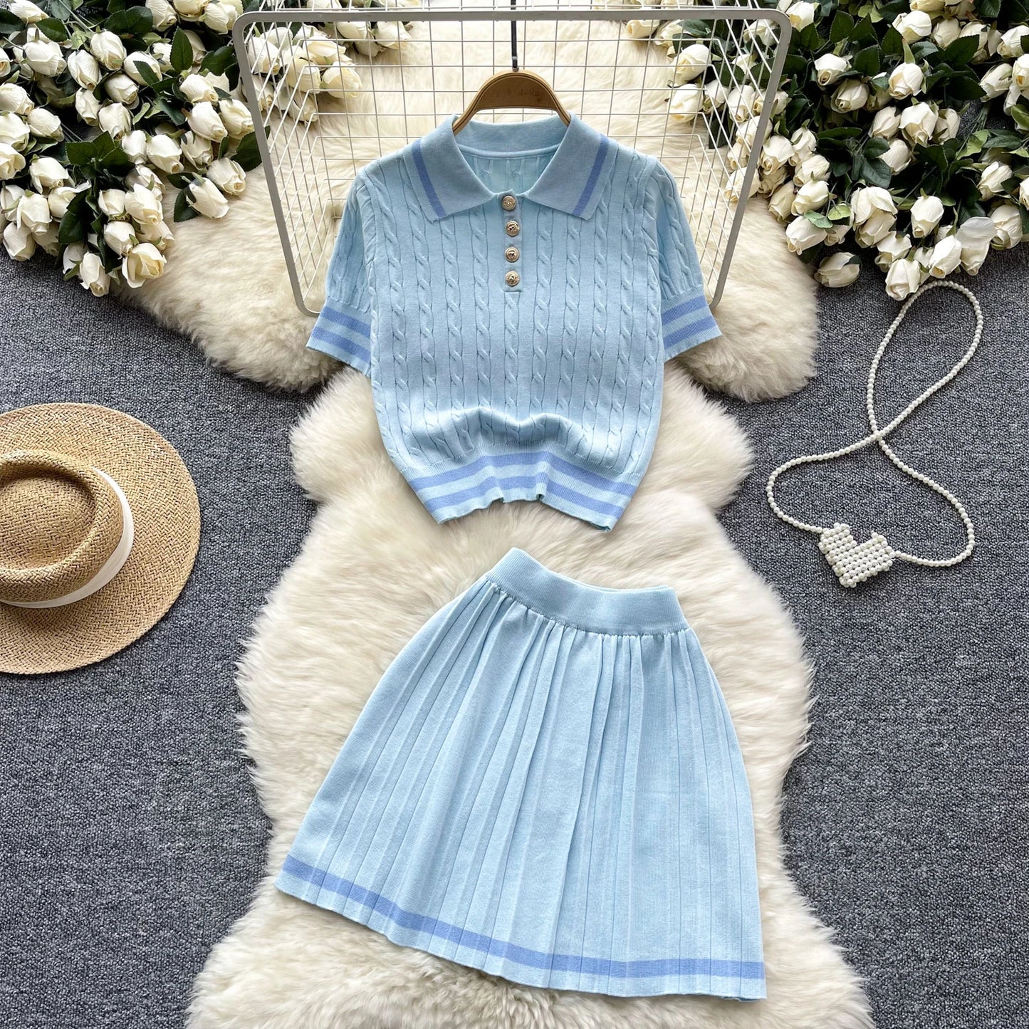 Newest Knitting Two Pieces Sets Button Vintage Basic Tops + High Waist Pleated Skirt Women Fashion 2pcs Suits