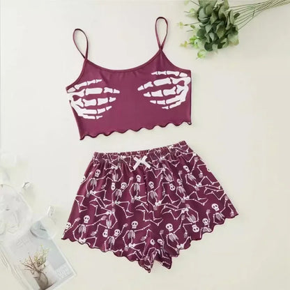 Alien Print Sling Pajamas Set (Top And Shorts)