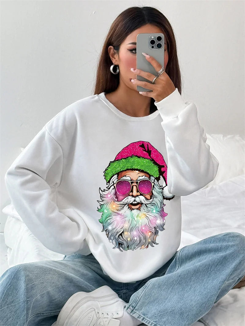 Christmas Tops Women Casual Snowflake Santa Claus T-shirt Tee Long Sleeve Basic Xmas Hoodie Pullover Oversize Women's Sweatshirt