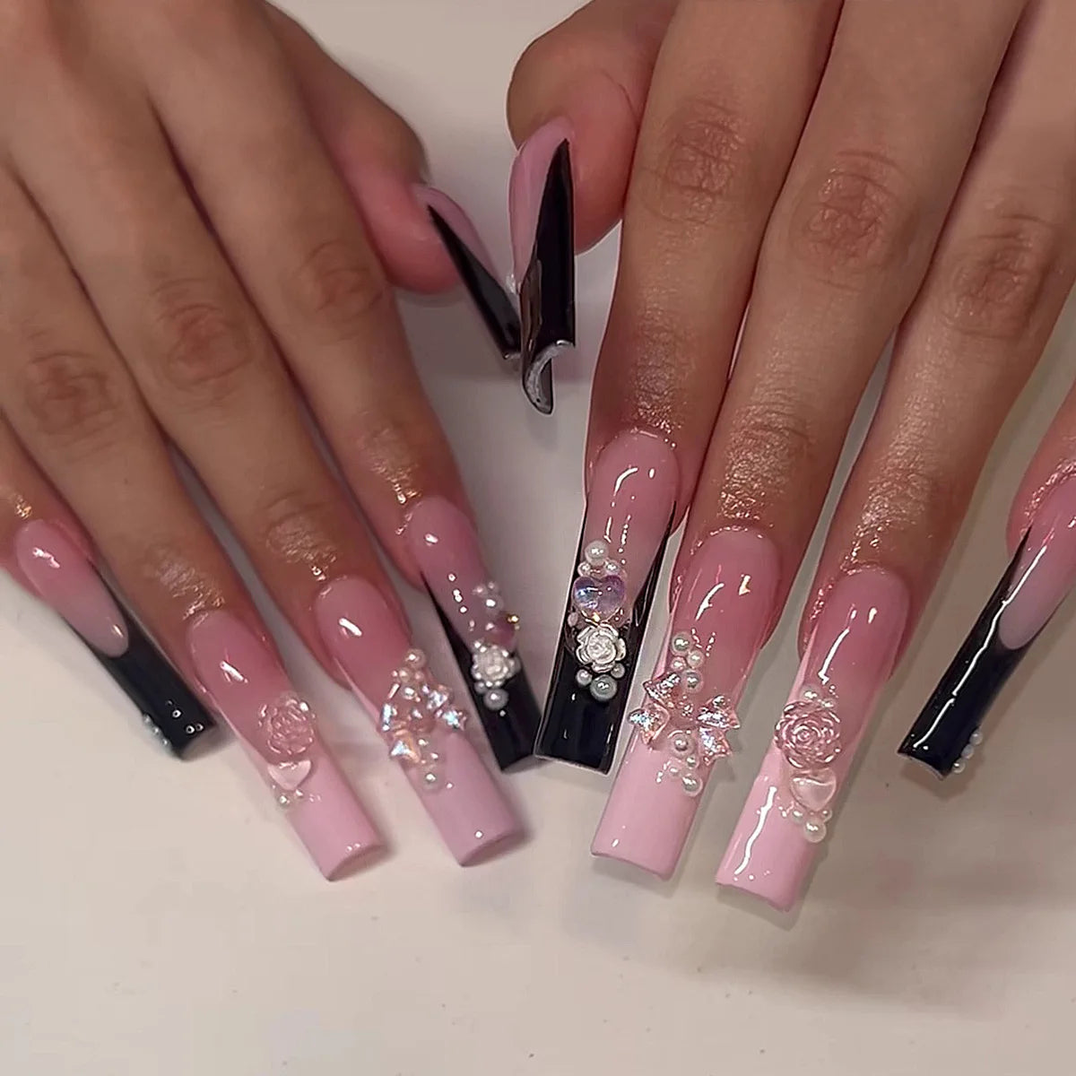 24Pcs Long Ballet False Nails Pink Butterfly with Rhinestones French Design Wearable Fake Nails Glitter Press on Nails Tips Art