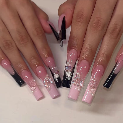 24Pcs Long Ballet False Nails Pink Butterfly with Rhinestones French Design Wearable Fake Nails Glitter Press on Nails Tips Art