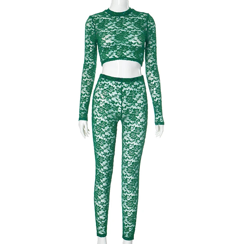 See Through O-Neck Crop Tops+Leggings Skinny Stretch Matching Midnight Party Clubwear