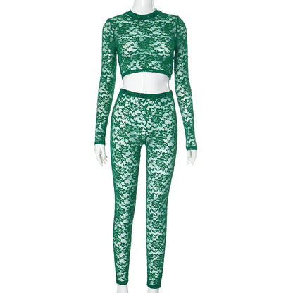 See Through O-Neck Crop Tops+Leggings Skinny Stretch Matching Midnight Party Clubwear