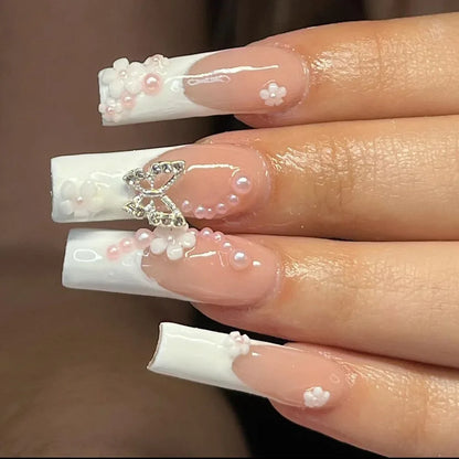 24Pcs Simple White French Press on Nails with Glue Long Ballet False Nails Wearable Coffin Fake Nails Full Cover Nail Tips