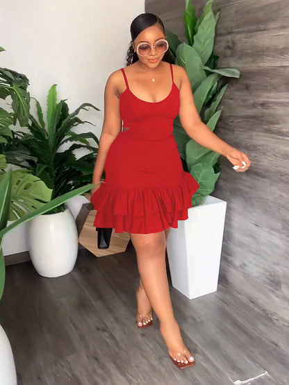 European and American Fashion Sling Low-cut Ruffled Mini Dress