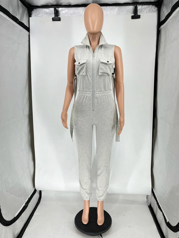 Stacey Zipper Sleeveless Buckle Open Side Cargo Jumpsuit (One-piece Suit)