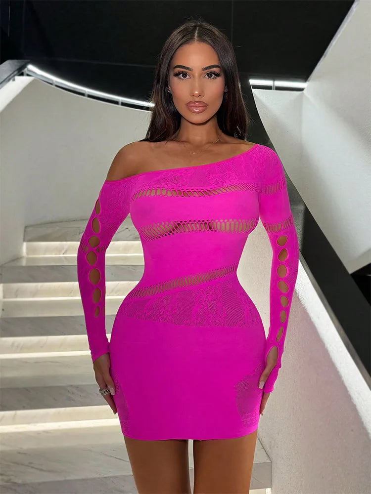Stretchy Hollow Out Mesh Bodycon Long Sleeve See Through Night Lingerie