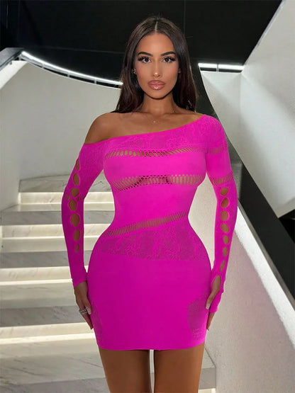 Stretchy Hollow Out Mesh Bodycon Long Sleeve See Through Night Lingerie