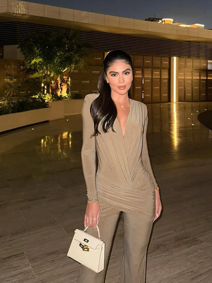 Deep v-Neck Full Sleeve Elegant Skinny Jumpsuit