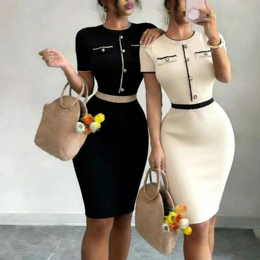 O Neck Stretchy Knit Contrast Trim Button Detail Bodycon Mini Dress