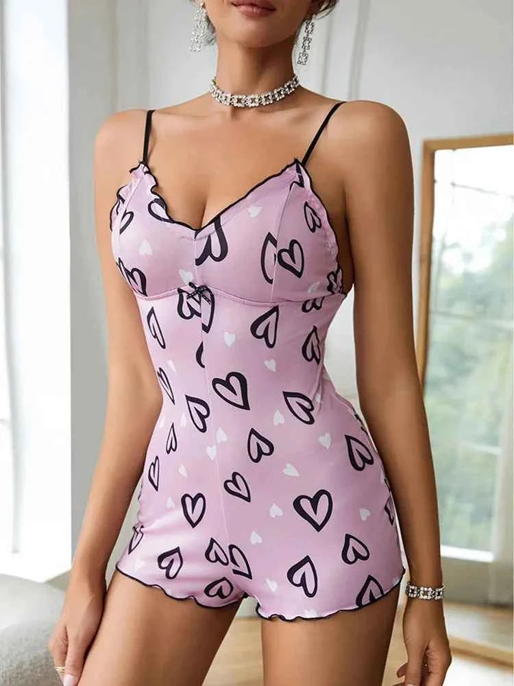 One Piece Red Lip Printed Sleeveless Night Onsie