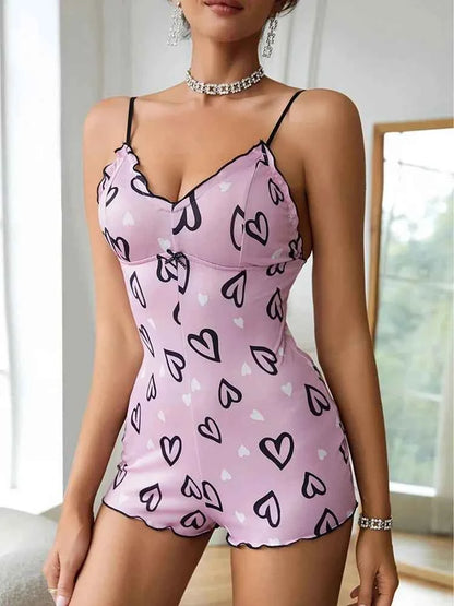 One Piece Red Lip Printed Sleeveless Night Onsie
