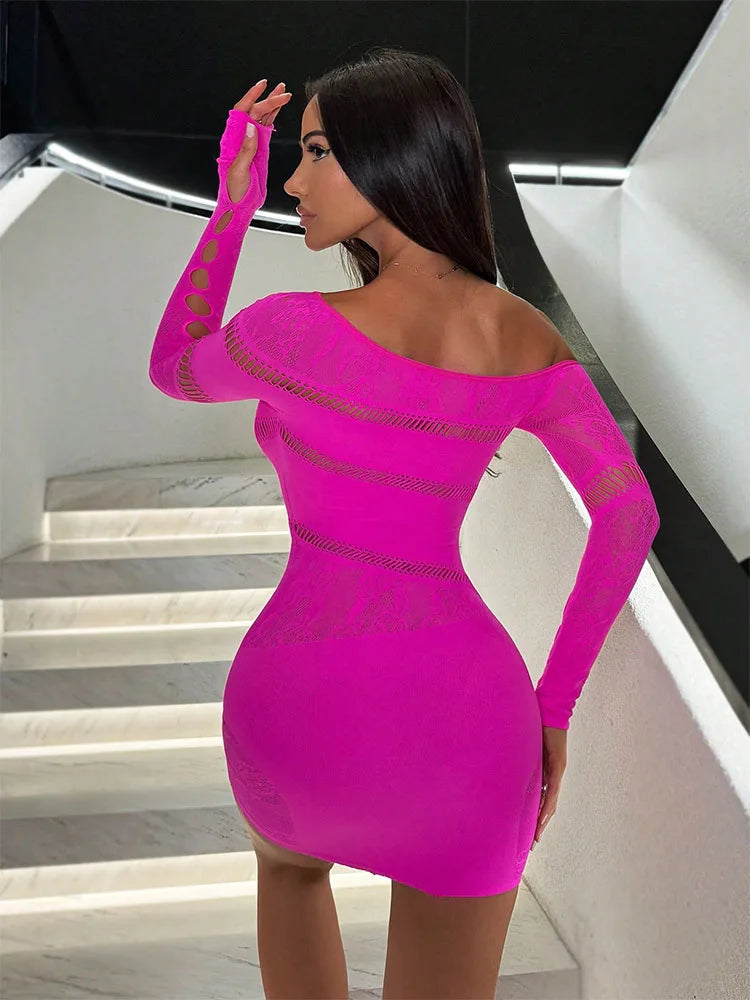 Stretchy Hollow Out Mesh Bodycon Long Sleeve See Through Night Lingerie