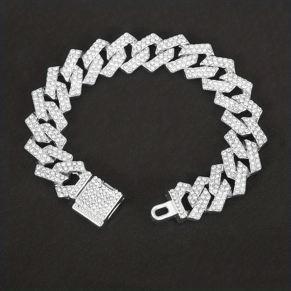 Punk Cuban Chain Stylish Sliver Cuban Chain+Bracelet 2-in-1 Set Personality Trend Street Style Jewelry Gift