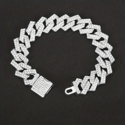 Punk Cuban Chain Stylish Sliver Cuban Chain+Bracelet 2-in-1 Set Personality Trend Street Style Jewelry Gift