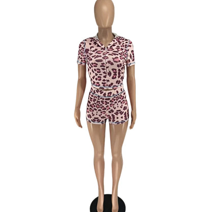 Leopard Short Sleeve Crop Top + Short Sets
