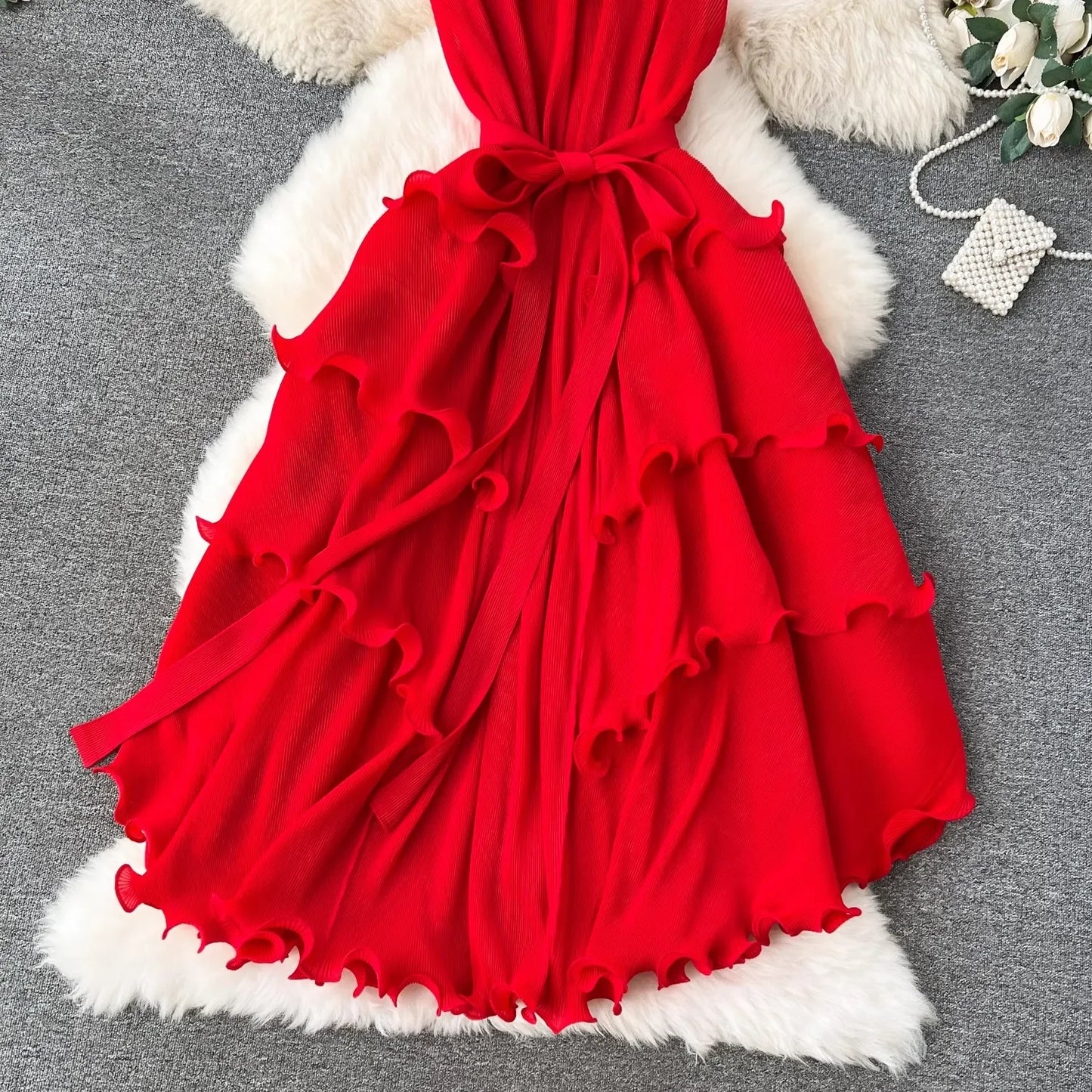 Stand Collar Lace Up Ruffles Boho Dresses