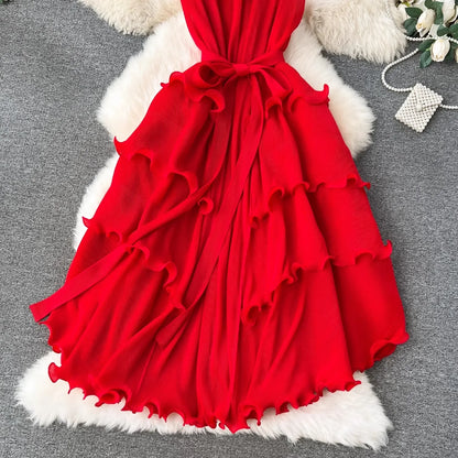 Stand Collar Lace Up Ruffles Boho Dresses