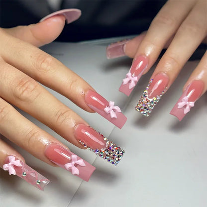 24Pcs Blue Long False Nails Butterfly Ballet French Cartoon  Wearable Fake Nails Full Cover Design Press on Nails Tips Art