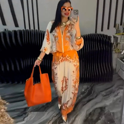 Flower Print Top + Drawstring Trousers Two-piece Suits