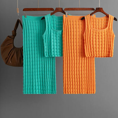Knit Long Skirts + Straight Casual Spliced Round Neck Vest Sleeveless Tanks Sets
