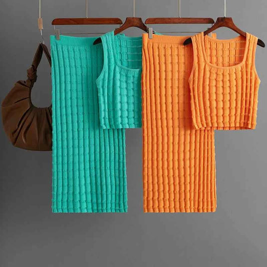 Knit Long Skirts + Straight Casual Spliced Round Neck Vest Sleeveless Tanks Sets