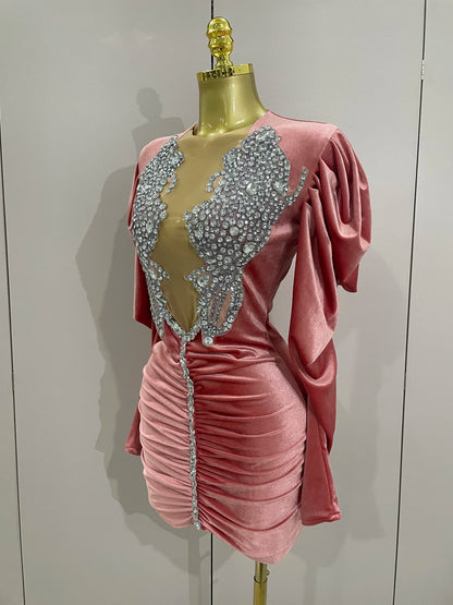 Luxury Sparkly Crystal White Velvet Mini Dresses