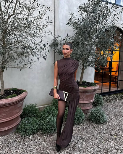 Elegant Turtleneck Sleeveless High Waist Pleated Dresses