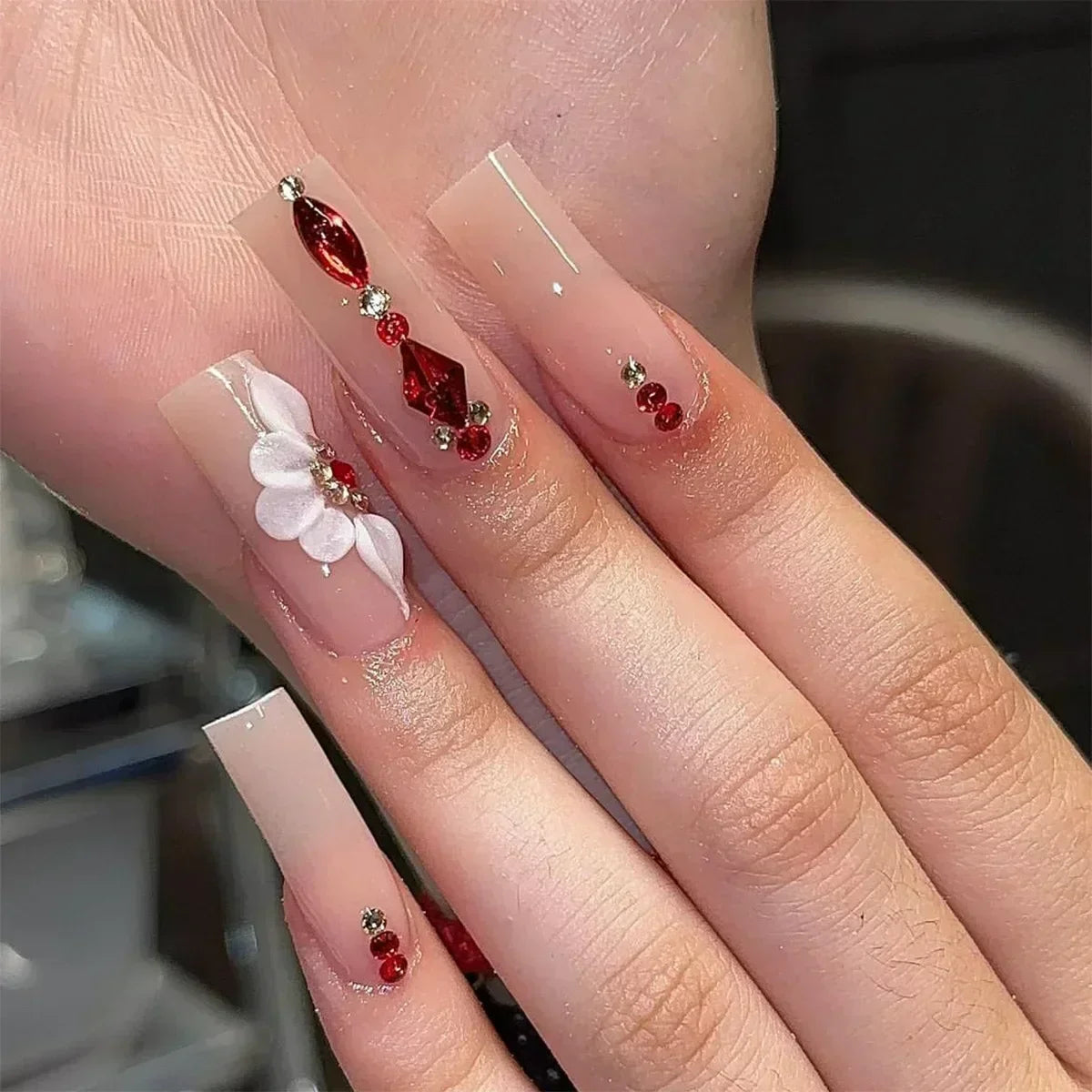 24Pcs Blue Long False Nails Butterfly Ballet French Cartoon  Wearable Fake Nails Full Cover Design Press on Nails Tips Art
