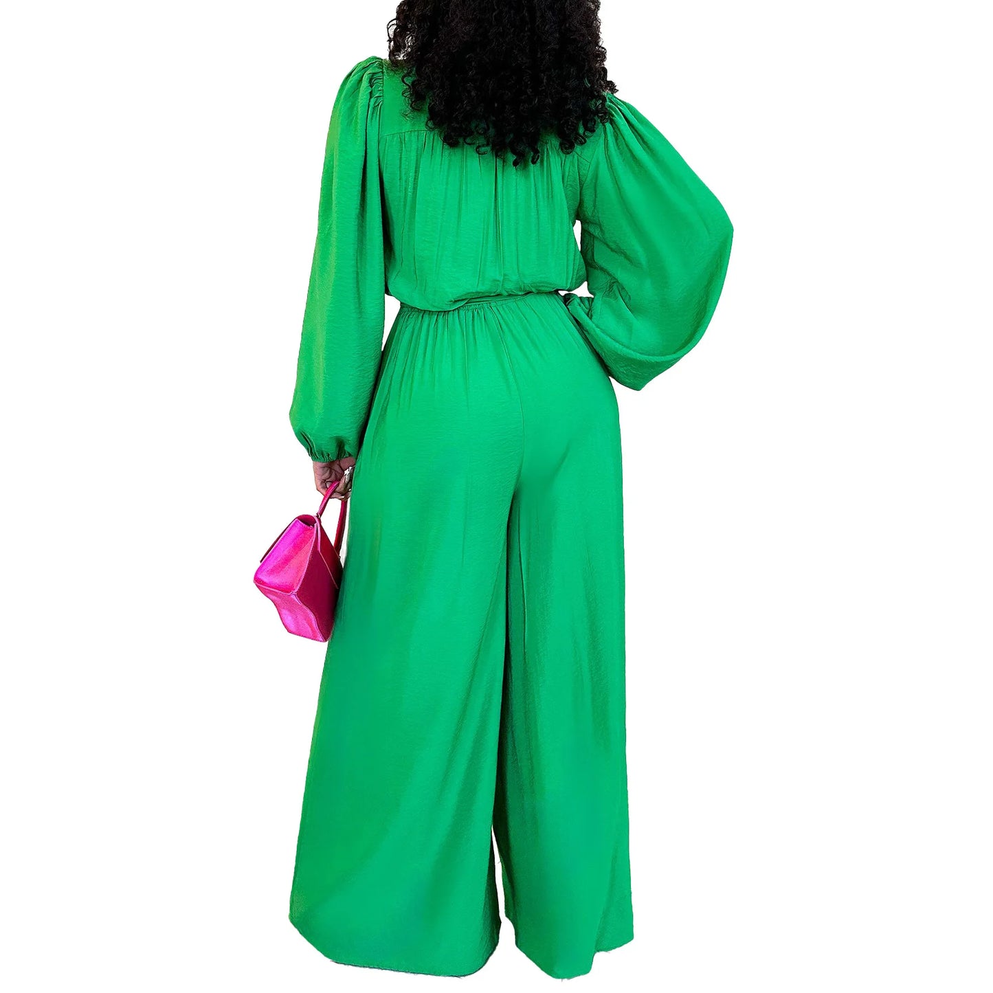 Rita's Elegant Long Sleeve V-neck Jumpsuit (Green Red Blue)