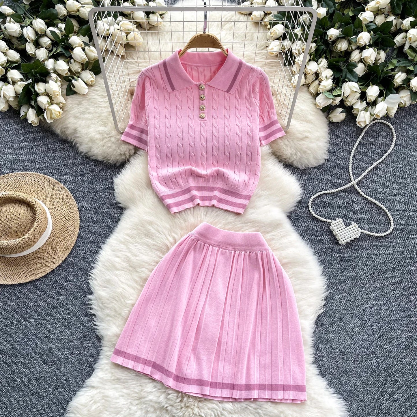 Newest Knitting Two Pieces Sets Button Vintage Basic Tops + High Waist Pleated Skirt Women Fashion 2pcs Suits