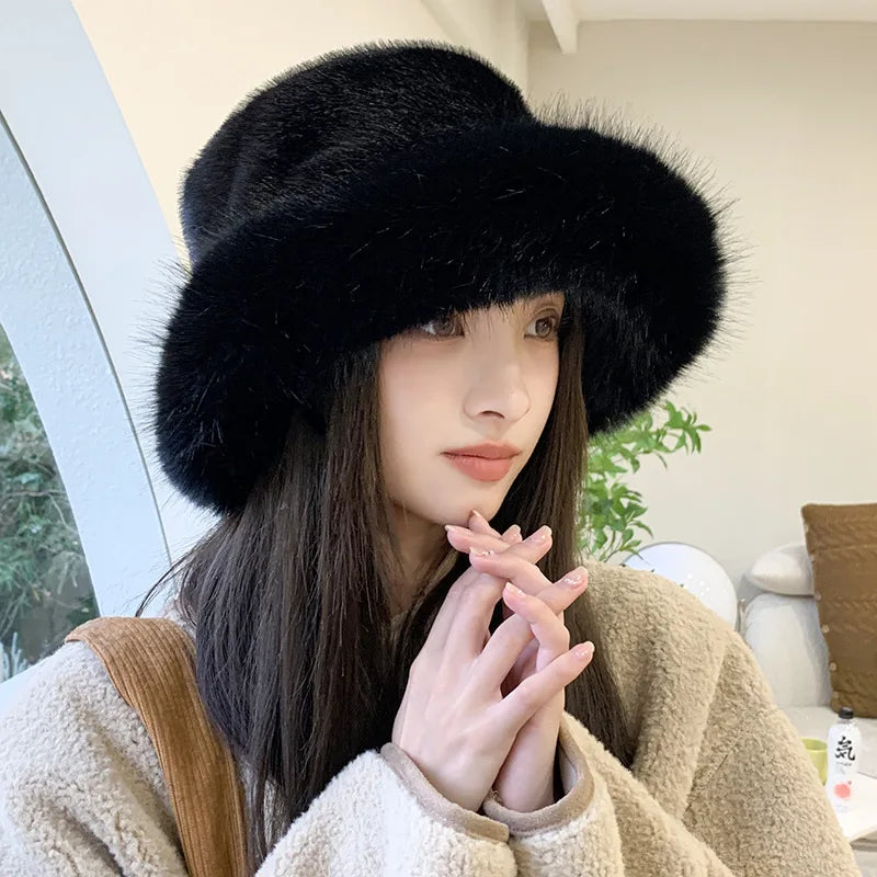 Faux Fur Fluffy Bucket Hat for Women Luxury Plush Hat Thicken Snow Oversized Fur Bucket Hats