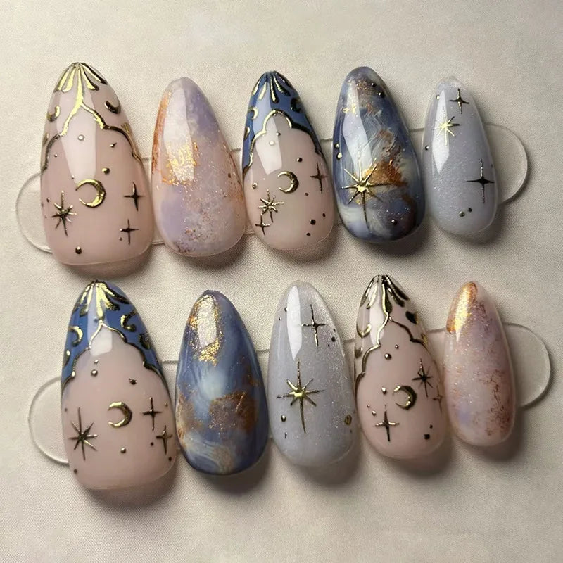 24Pcs 3D Green Ripple Design False Nails Cat's Eye French Almond Fake Nail Tips Leaves Pattern Removable Oval Press on Nails