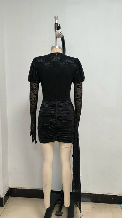 High Quality Lace Draped Bodycon Mini Dress + Gloves