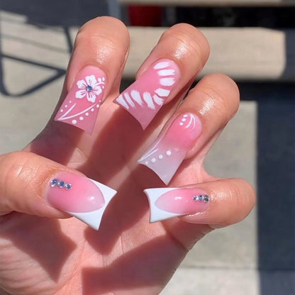 24pcs Duckbill Shaped Fake Nails Gold Butterfly Rhinestone Design False Nail Tips Wearable Full Cover French Press on Nails
