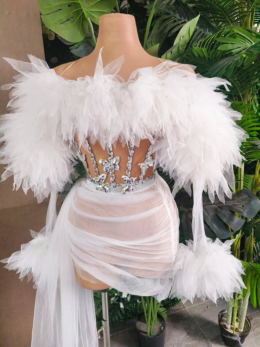 Strapless Mesh Ruffles 2 Pieces Bodycon Mini Dresses