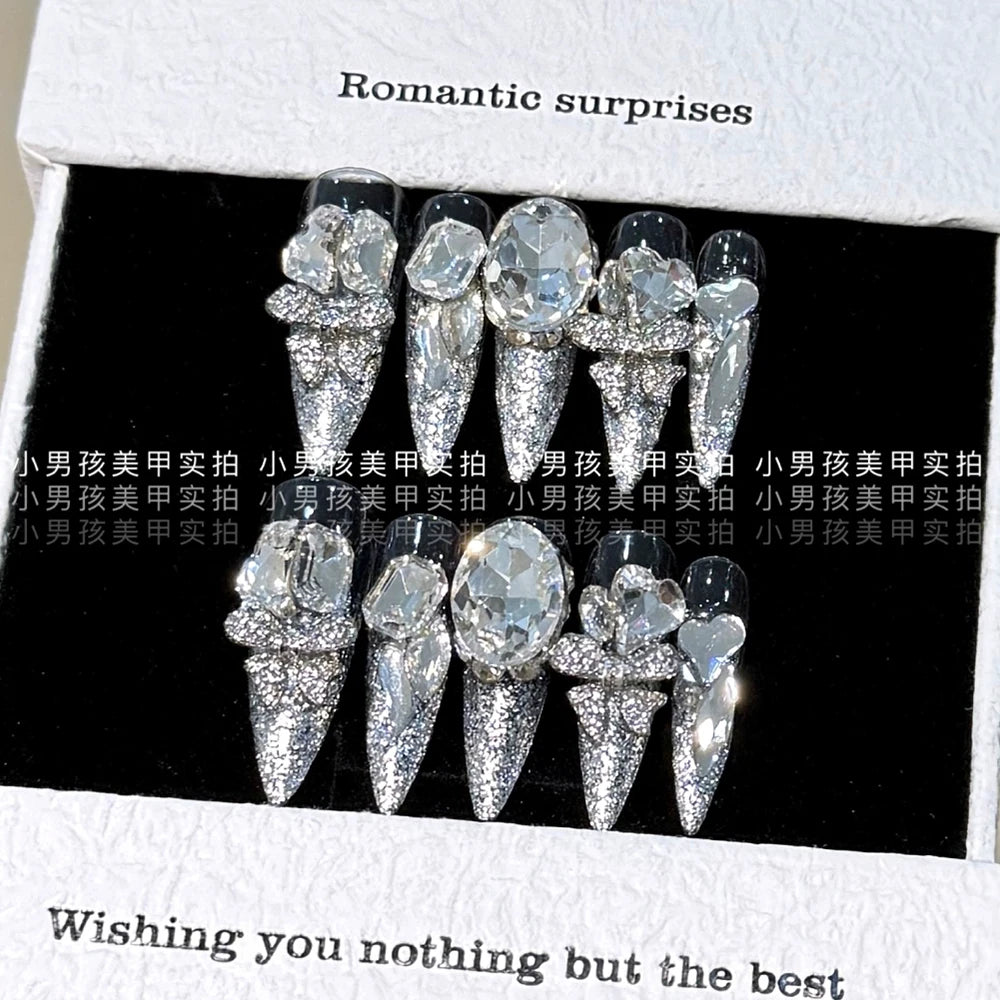 10Pcs Luxury Court Handmade Long Stiletto Full Cover Nails 3D Spice Girl Sparkling Diamond Bow Pearl Flowers Wearable Fake Nails