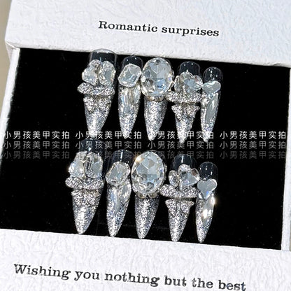 10Pcs Luxury Court Handmade Long Stiletto Full Cover Nails 3D Spice Girl Sparkling Diamond Bow Pearl Flowers Wearable Fake Nails