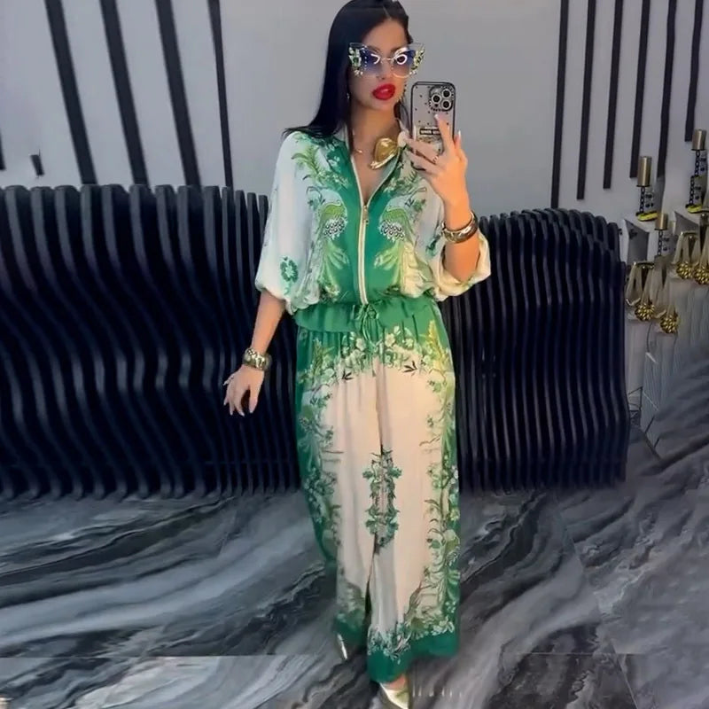 Flower Print Top + Drawstring Trousers Two-piece Suits