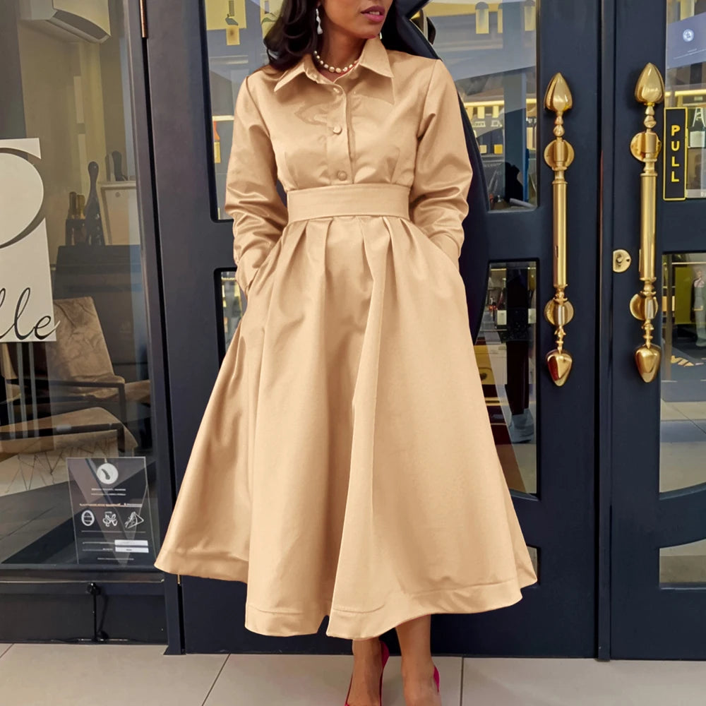 Rachelle Gorgeous Solid Color Shirt Collar Pockets A-Line Dress