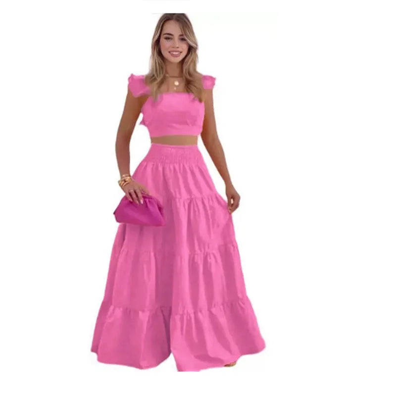 Solid Color Large Swing Skirt + Short Sleeved Square Neck Top (2pcs)