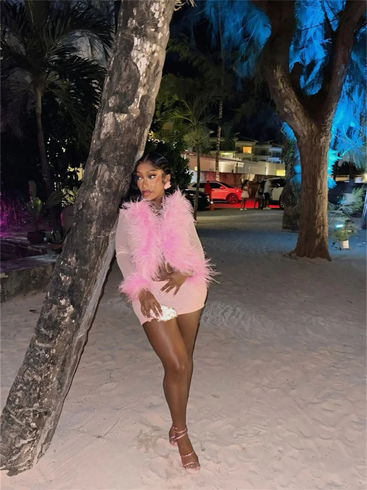 See Through Faux Fur Tops + Mini Hip Skirt Sets