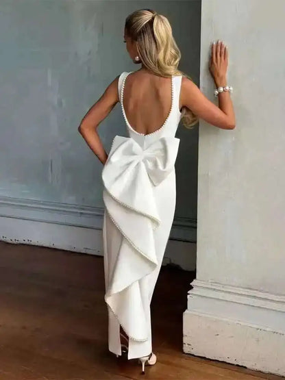 Bow Pearl Backless Elegant Waist Wrap A-line Dresses